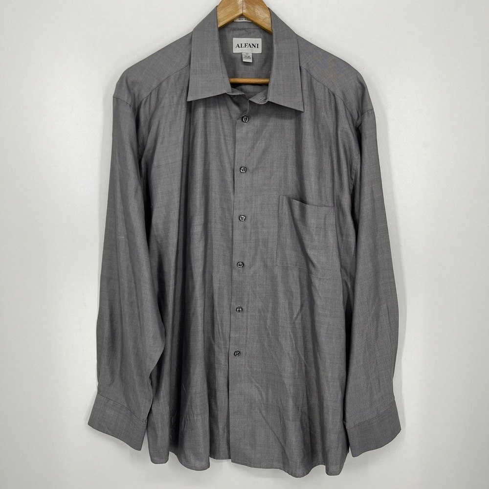 Alfani Mens 100% Silk Oxford Gray Button Down Shirt XL 17 34-35 Long Sleeve